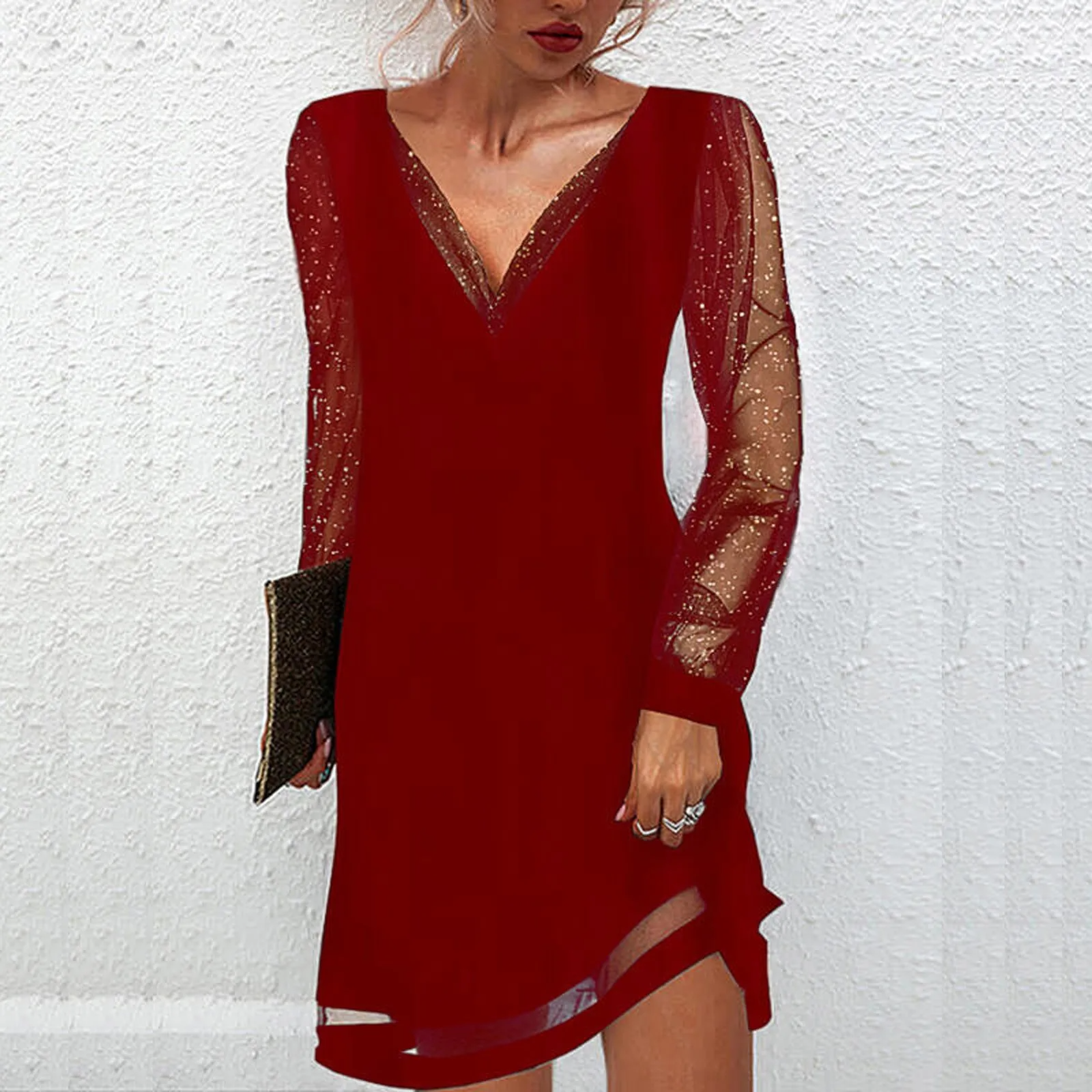 Abito Elegante Autunnale con Maniche Glitter e Scollatura a V - Poliestere Morbido e Luminoso 4