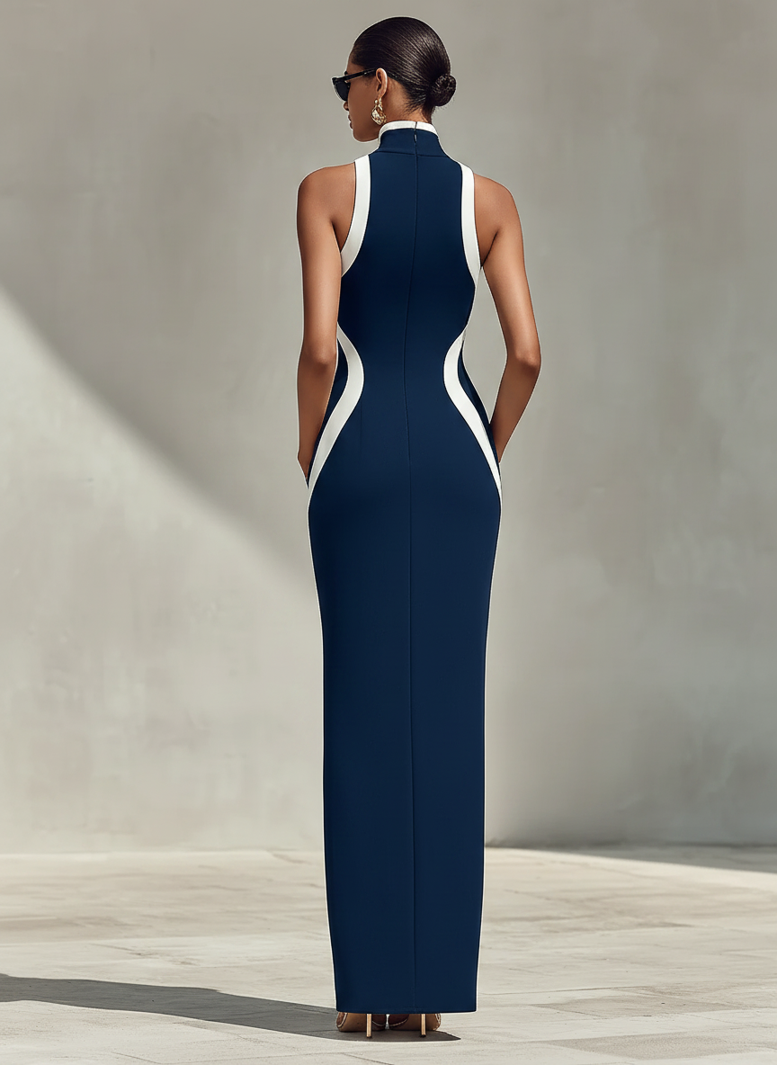 Abito Form-Fitting Blu Navy e Bianco con Dettaglio della Cerniera Frontale e Spacco Laterale, Abito Elegante e Senza Sforzo 4