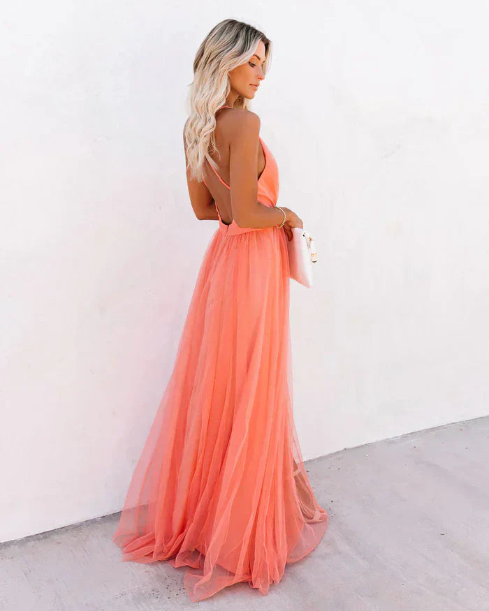 Abito Lungo Donna Cerimonia Tulle Scollo a V Schiena Scoperta 3