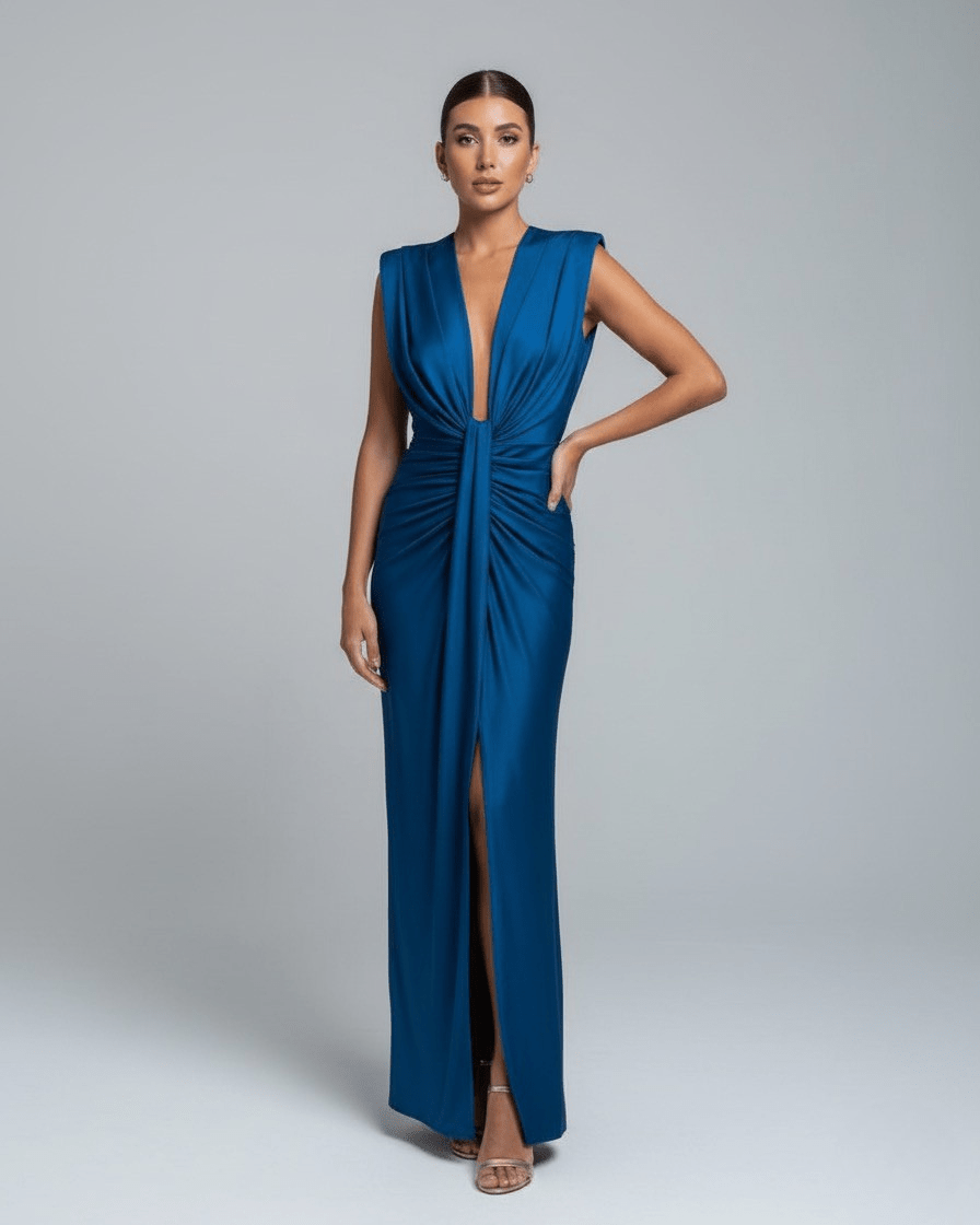 Abito Lungo Donna Formale Plissettato Fluido Elegante 0