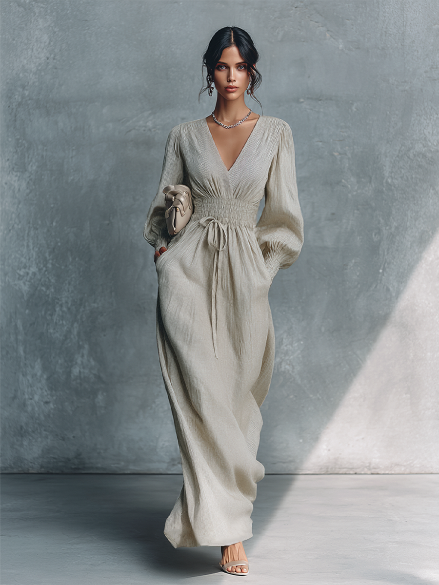 Abito Maxi Donna Beige in Cotone Lino a Righe con Scollo a V e Vita Arricciata 1