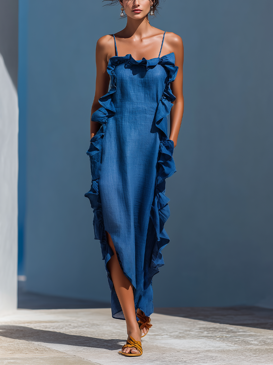 Abito Maxi Donna in Lino Blu con Spalline Sottile e Volant 0