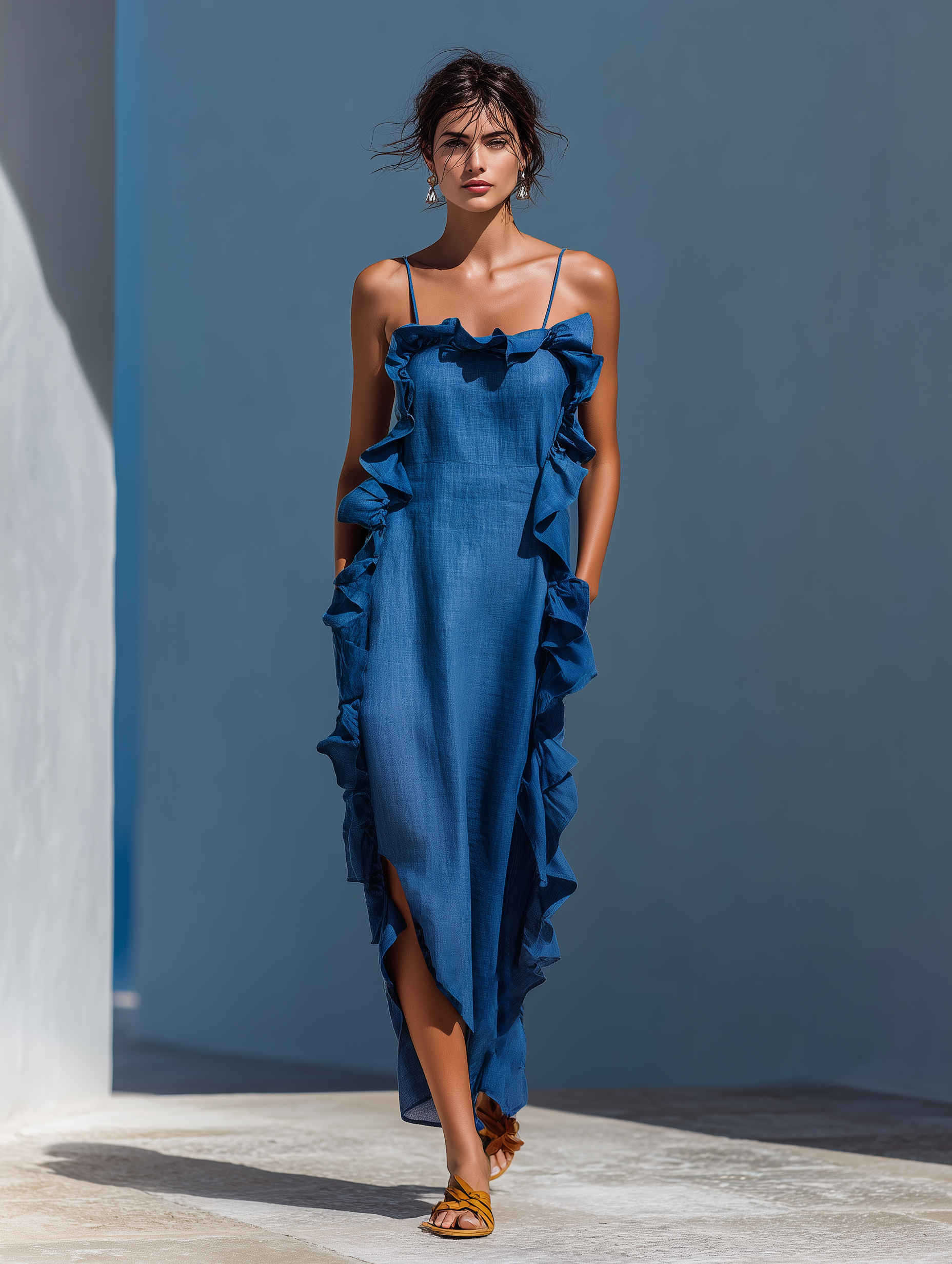 Abito Maxi Donna in Lino Blu con Spalline Sottile e Volant 1