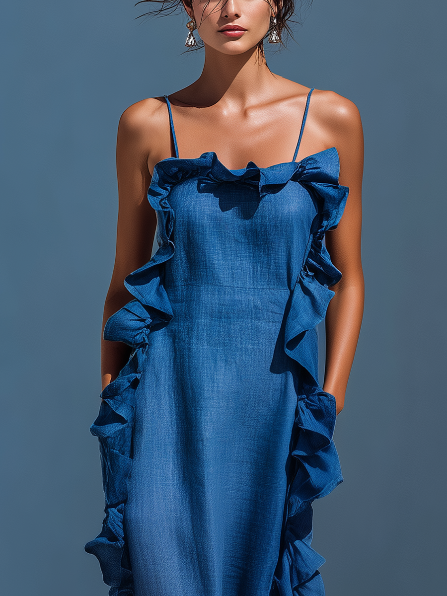 Abito Maxi Donna in Lino Blu con Spalline Sottile e Volant 2