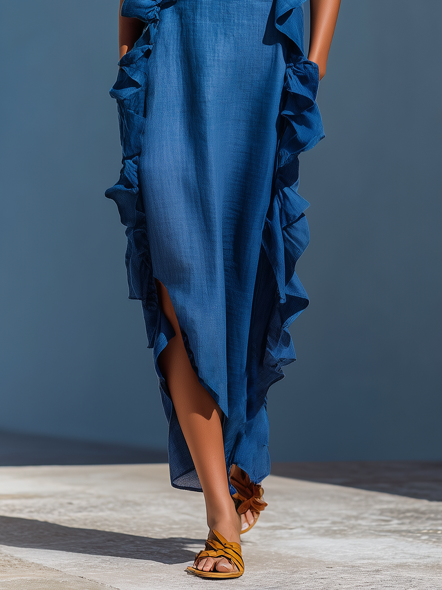 Abito Maxi Donna in Lino Blu con Spalline Sottile e Volant 3