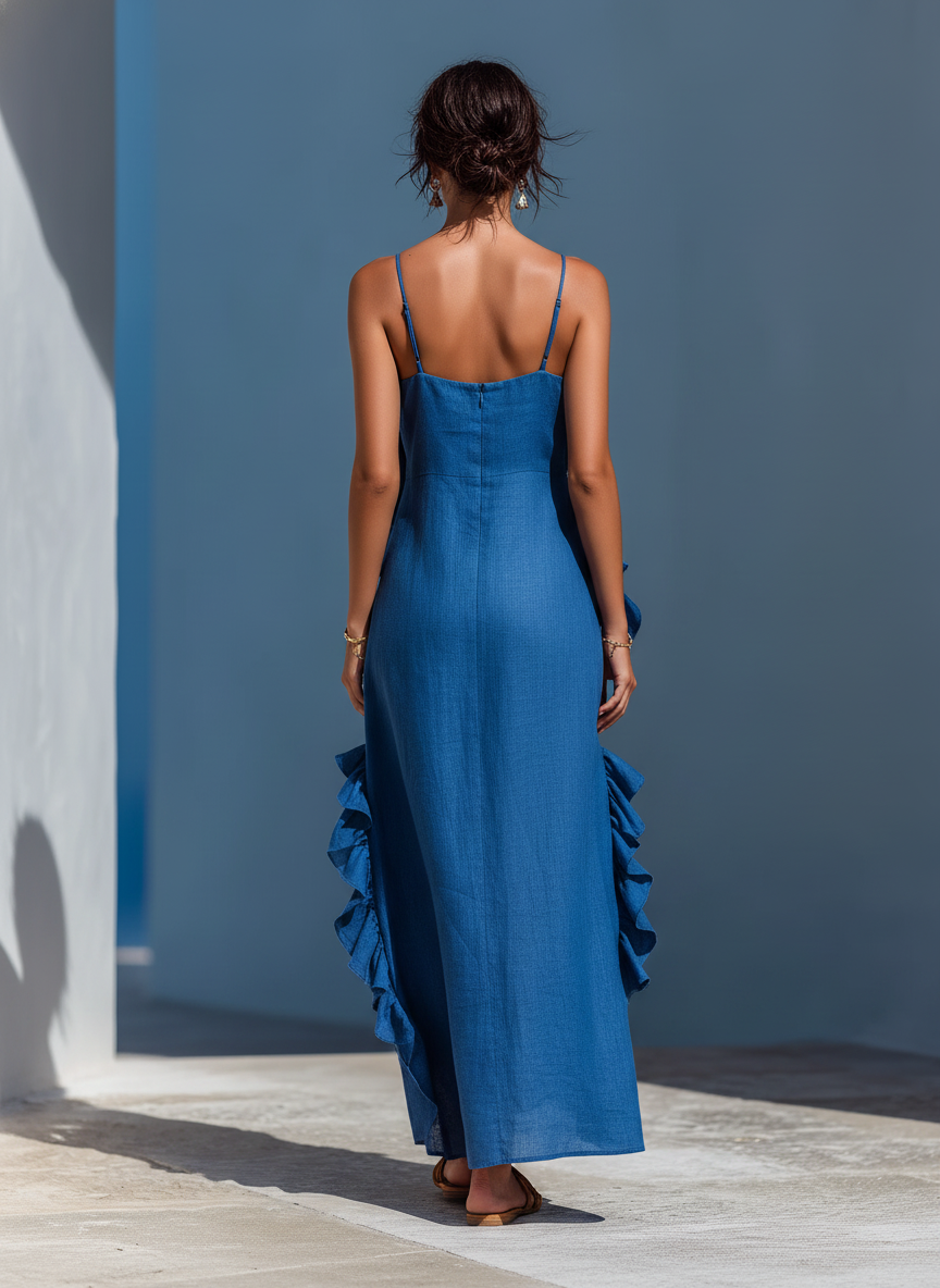 Abito Maxi Donna in Lino Blu con Spalline Sottile e Volant 4