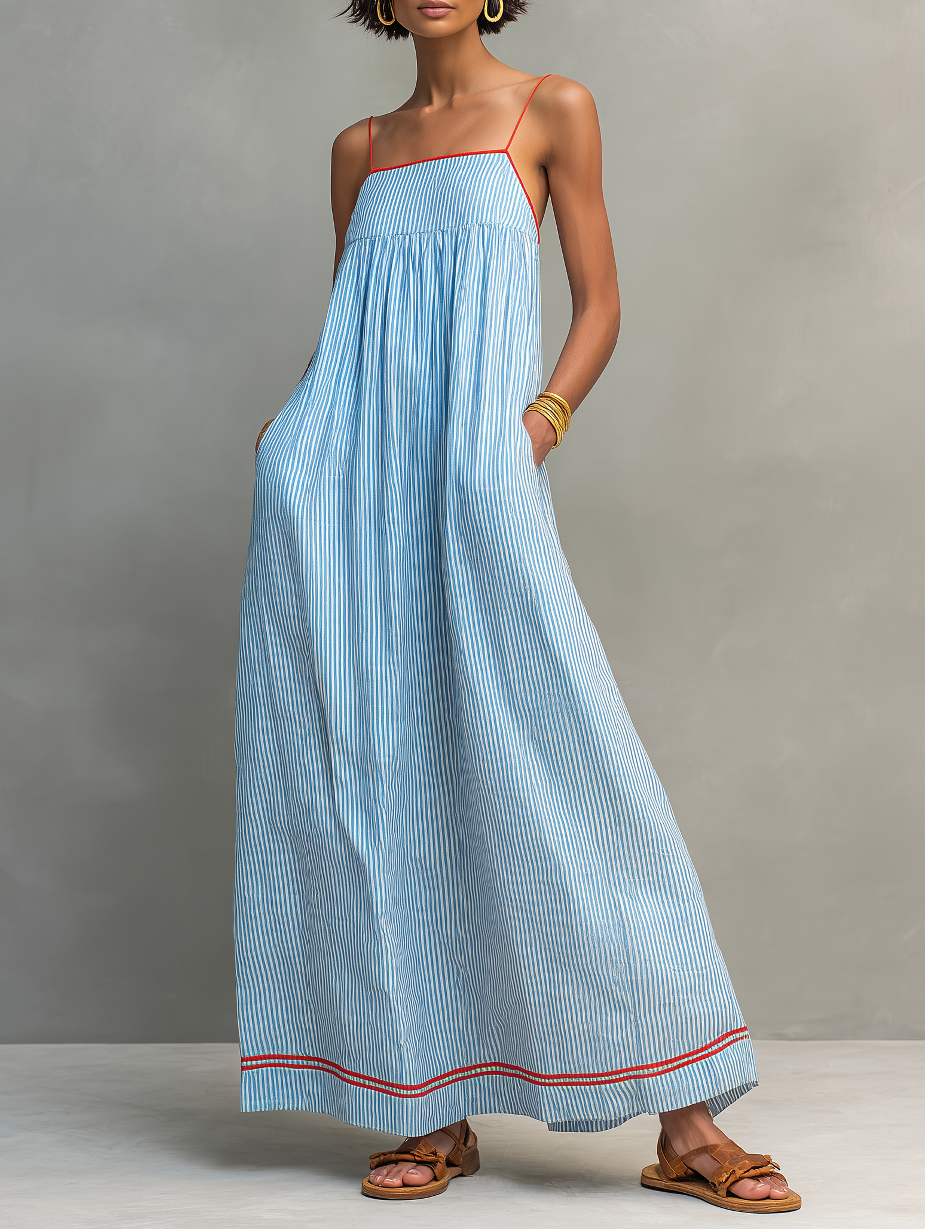 Abito Maxi Striped Minimalista da Donna con Bordo Rosso e Spalline a Spaghetti 0