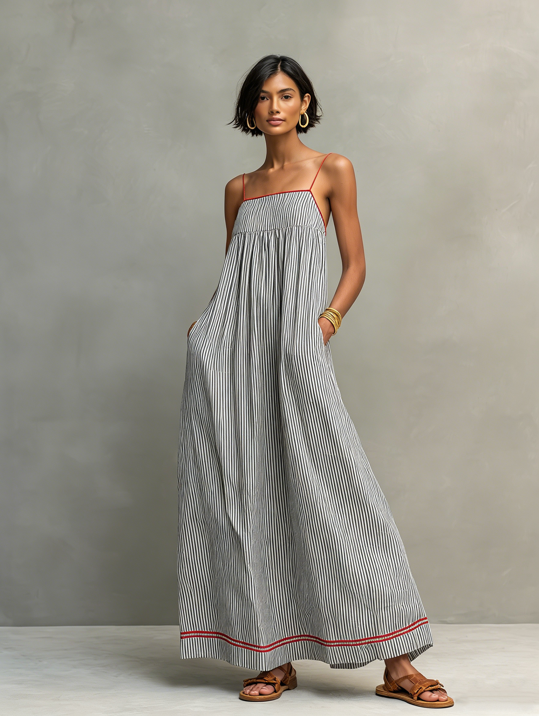 Abito Maxi Striped Minimalista da Donna con Bordo Rosso e Spalline a Spaghetti 3