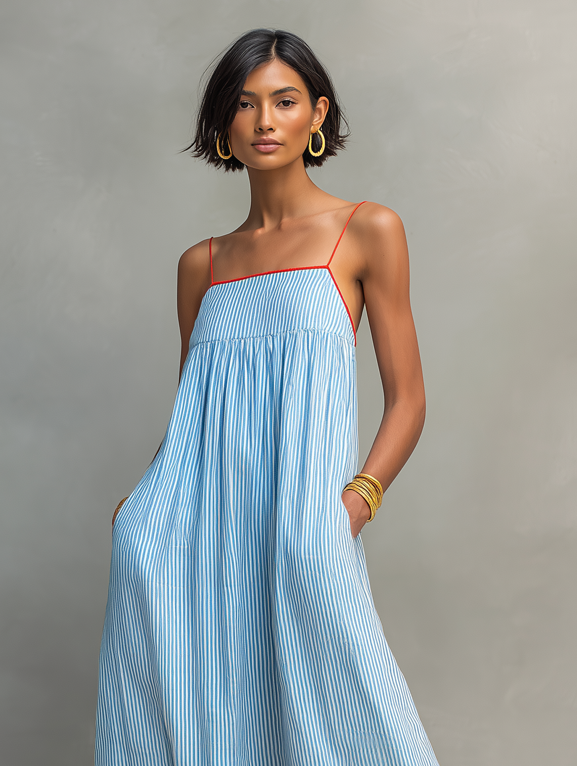 Abito Maxi Striped Minimalista da Donna con Bordo Rosso e Spalline a Spaghetti 5