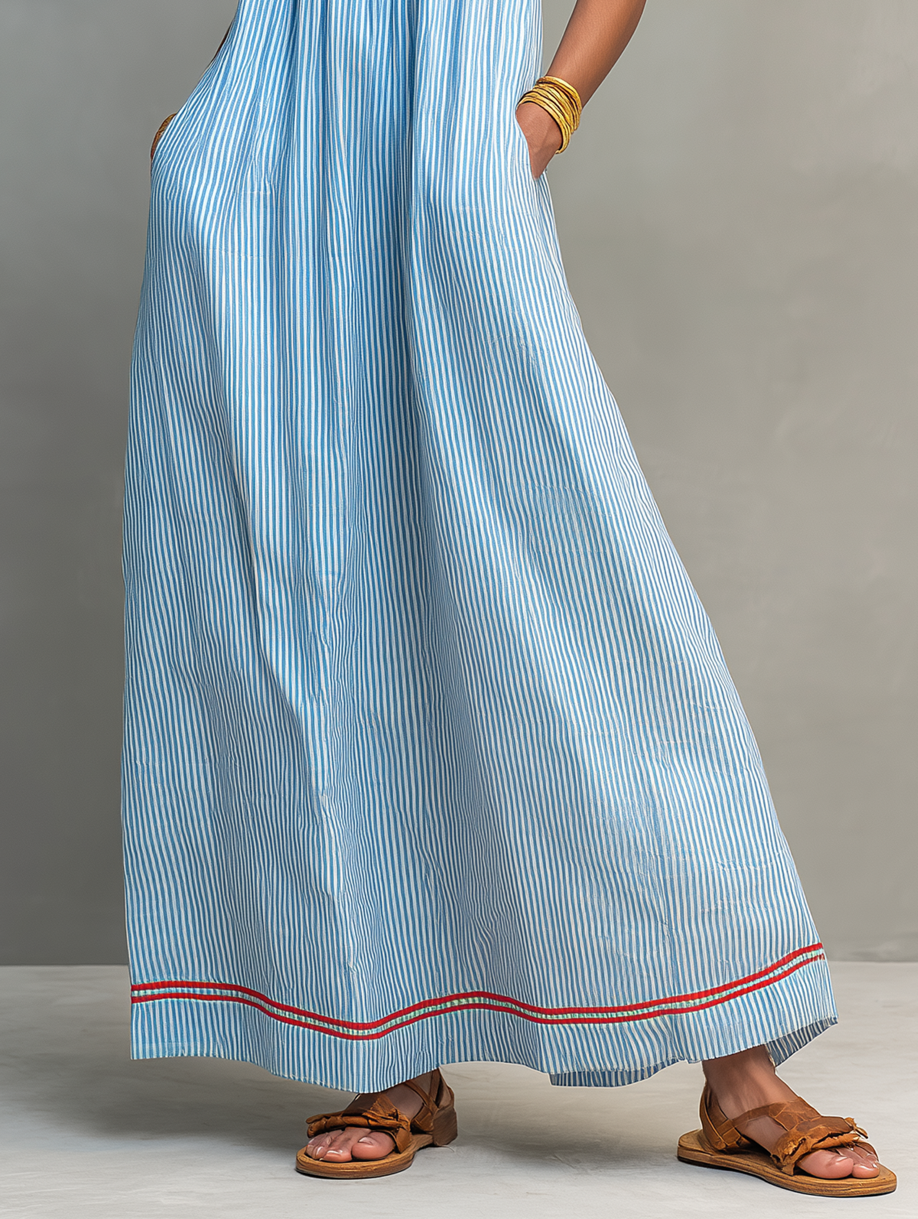 Abito Maxi Striped Minimalista da Donna con Bordo Rosso e Spalline a Spaghetti 6