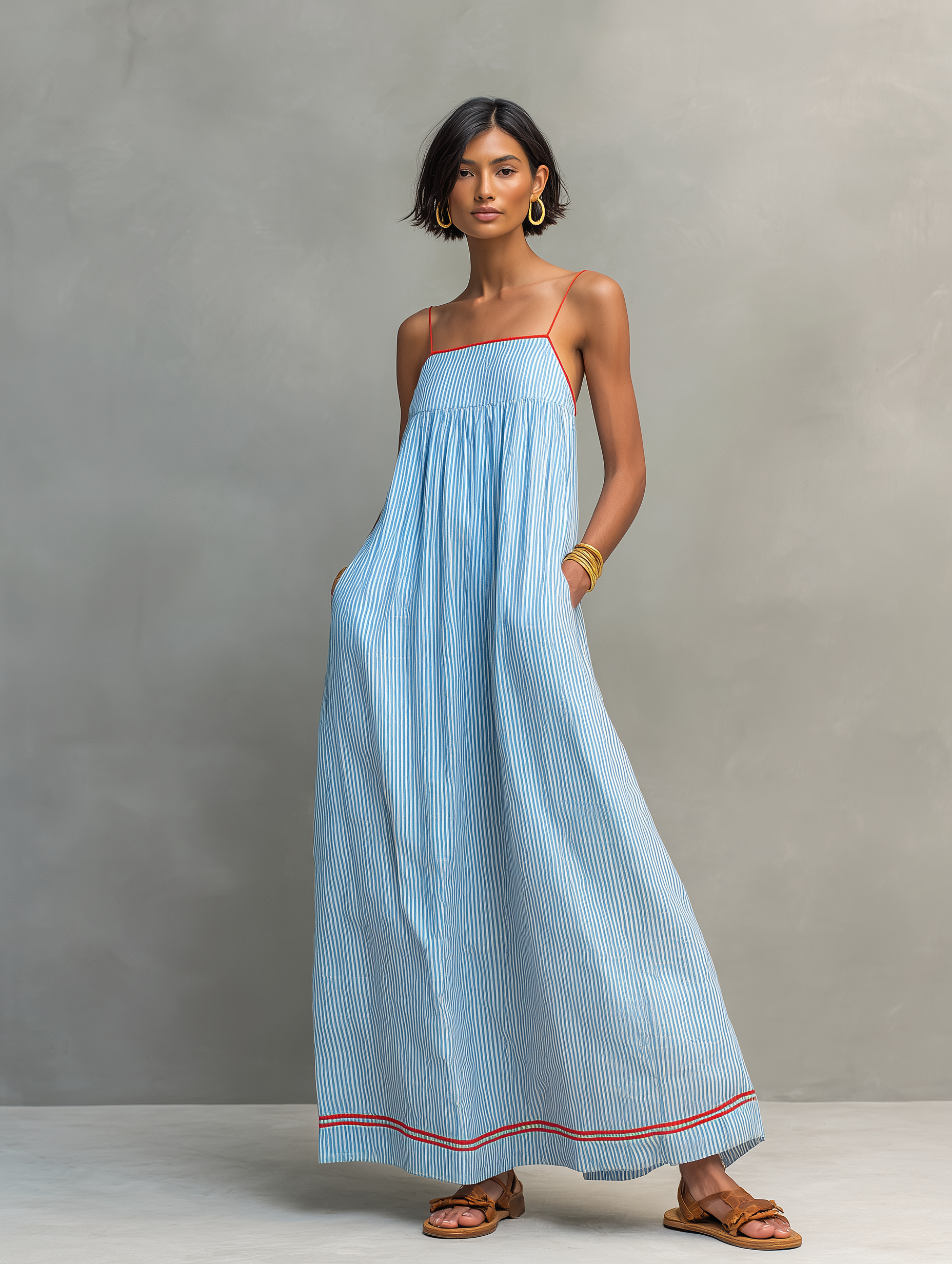 Abito Maxi Striped Minimalista da Donna con Bordo Rosso e Spalline a Spaghetti 7