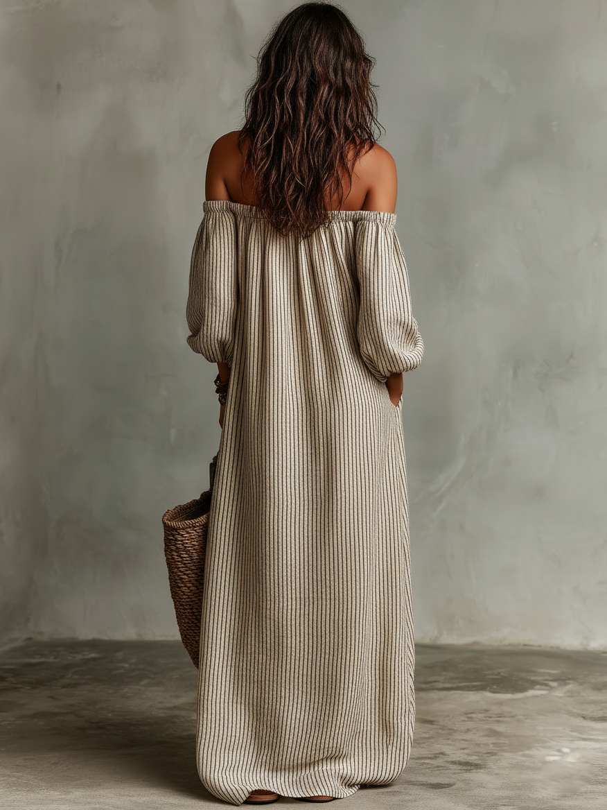 Abito Maxi in Cotone-Lino Off-shoulder a Maniche Lunghe per Donne 2