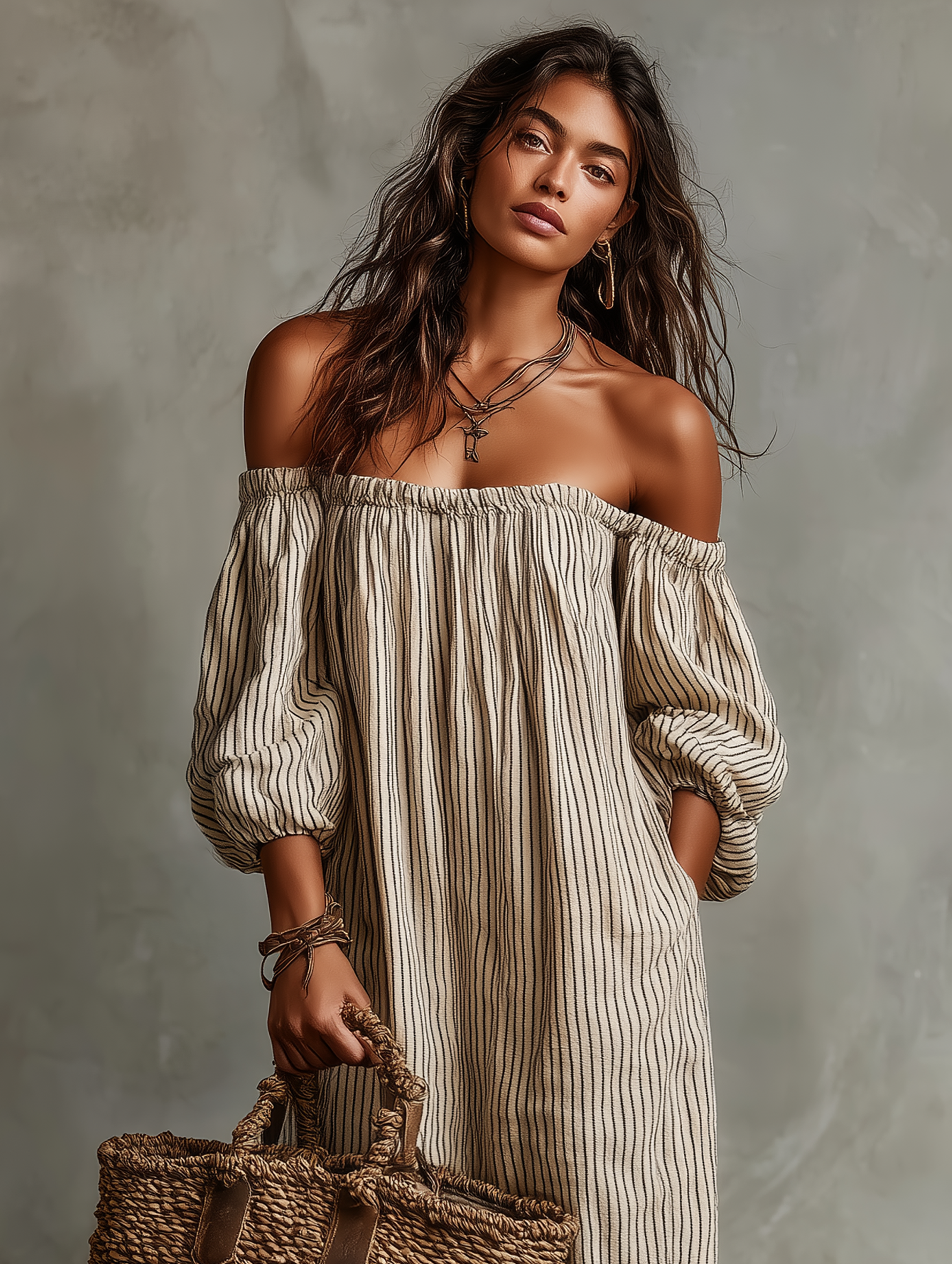 Abito Maxi in Cotone-Lino Off-shoulder a Maniche Lunghe per Donne 4