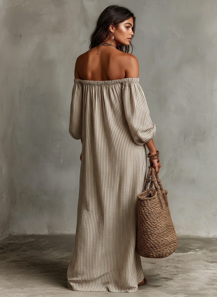 Abito Maxi in Cotone-Lino Off-shoulder a Maniche Lunghe per Donne 6