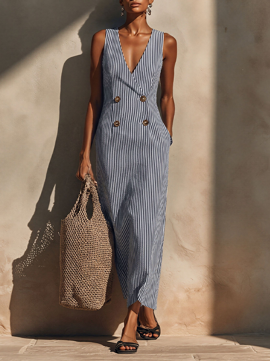 Abito Maxi in Cotone Blu-Bianco a Righe da Donna con Stile Blazer e Doppiopetto, Abito Nautico Casual Senza Tempo 1