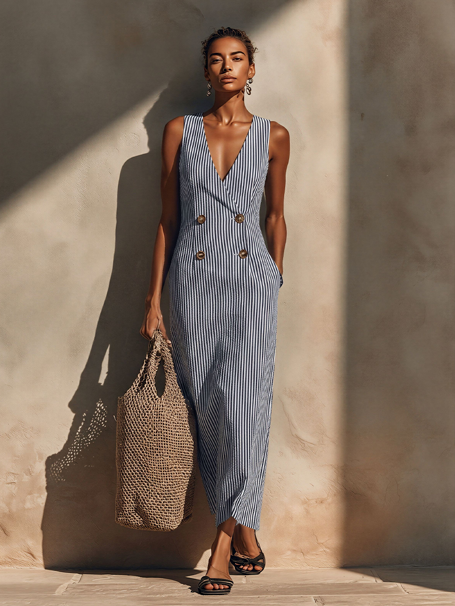 Abito Maxi in Cotone Blu-Bianco a Righe da Donna con Stile Blazer e Doppiopetto, Abito Nautico Casual Senza Tempo 2