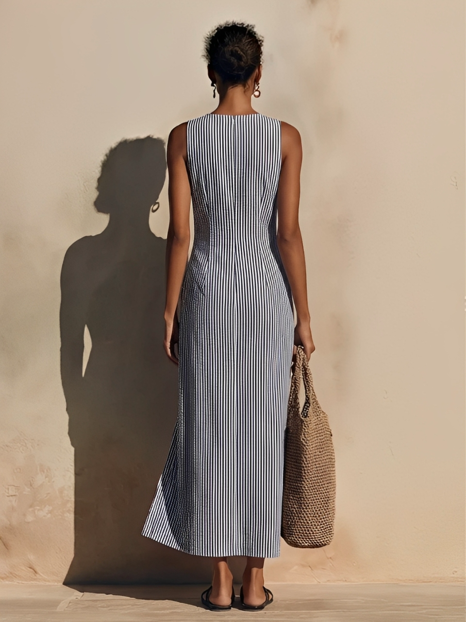 Abito Maxi in Cotone Blu-Bianco a Righe da Donna con Stile Blazer e Doppiopetto, Abito Nautico Casual Senza Tempo 4