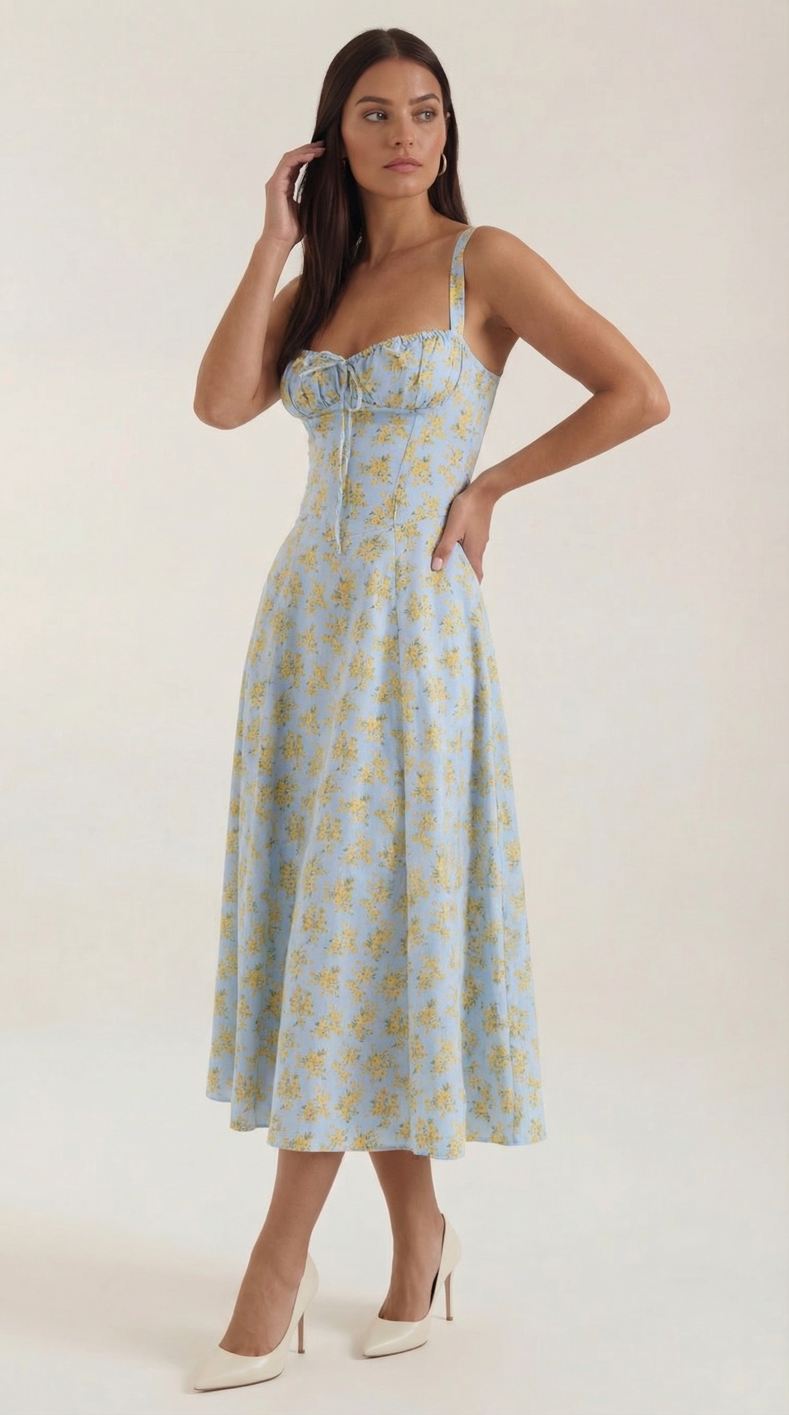Abito Midi Donna Estivo Scollo a Cuore Lacci Floreale 10