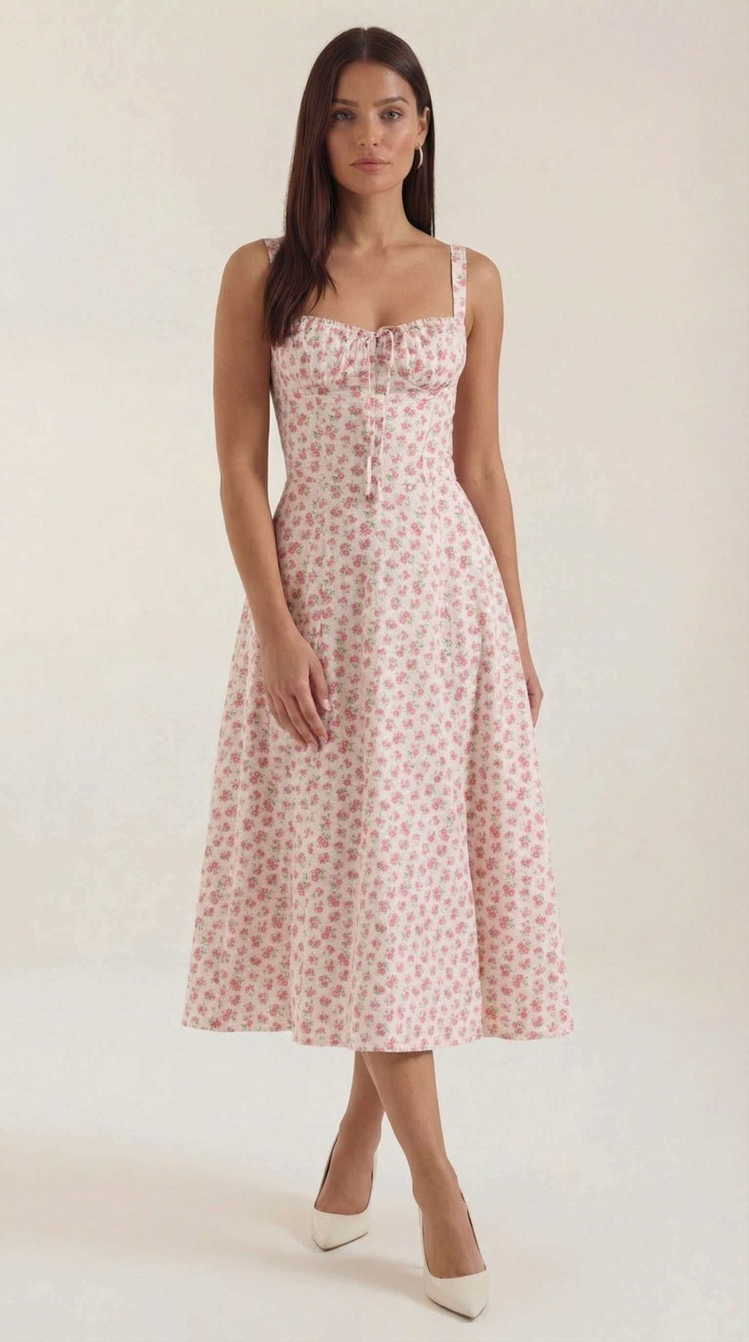 Abito Midi Donna Estivo Scollo a Cuore Lacci Floreale 11
