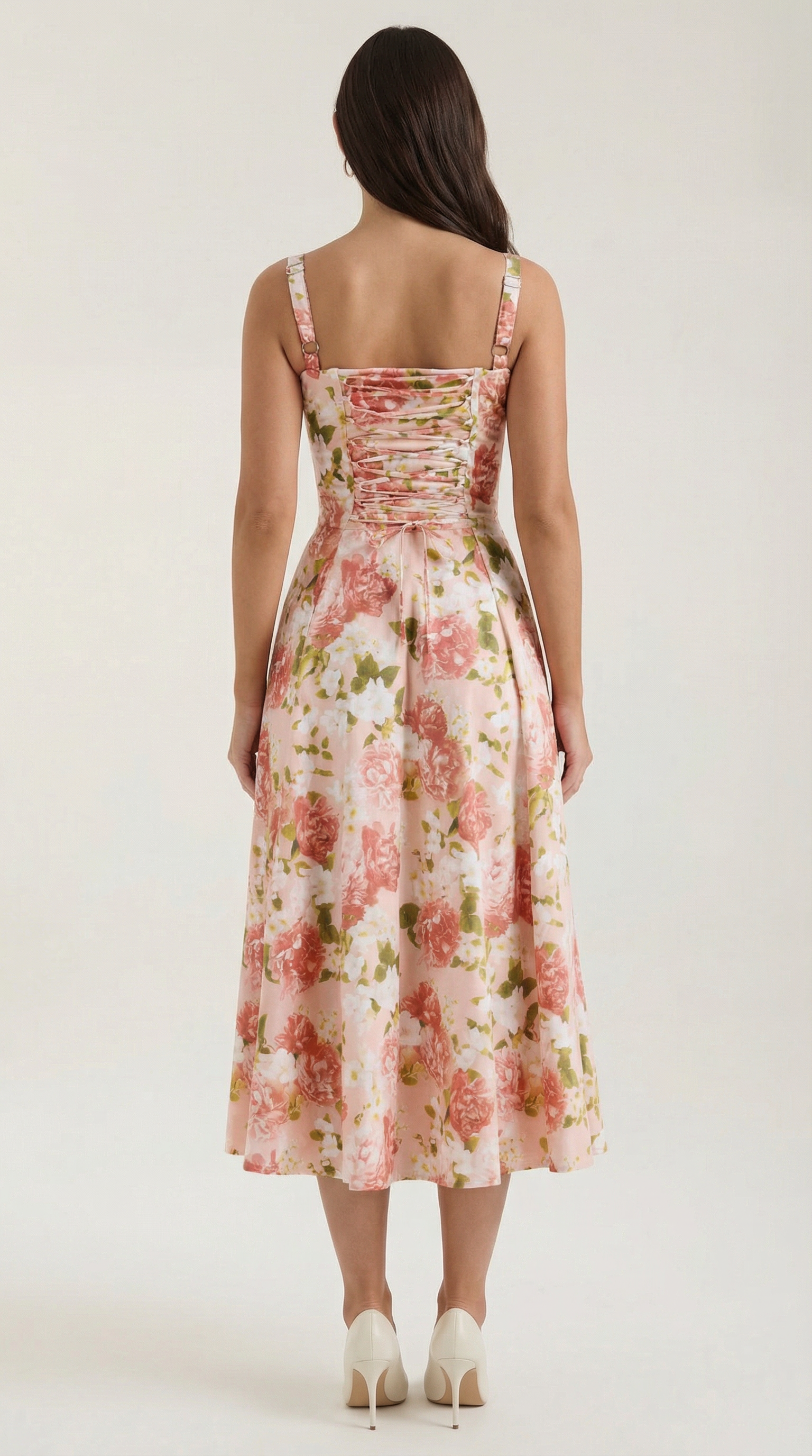 Abito Midi Donna Estivo Scollo a Cuore Lacci Floreale 3
