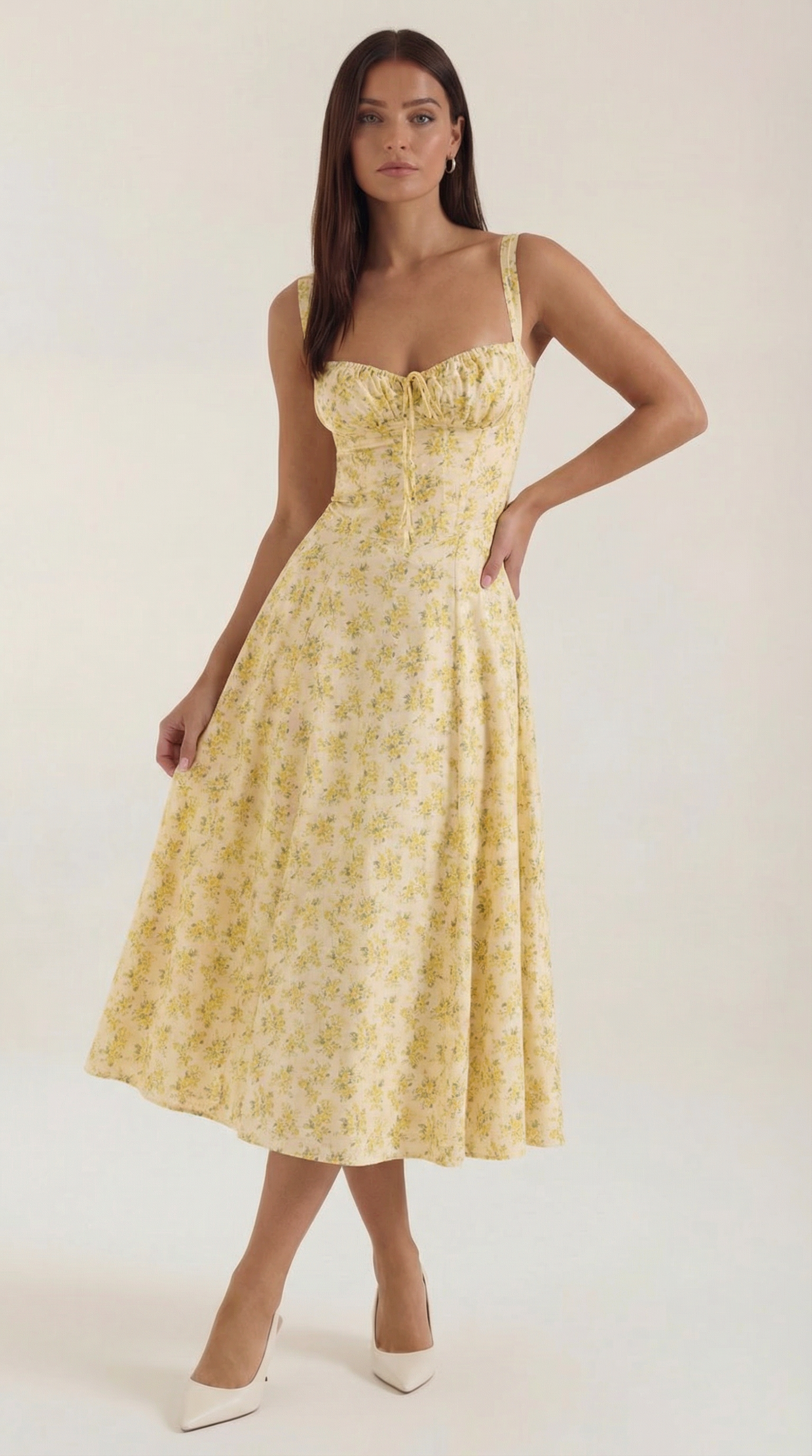 Abito Midi Donna Estivo Scollo a Cuore Lacci Floreale 5