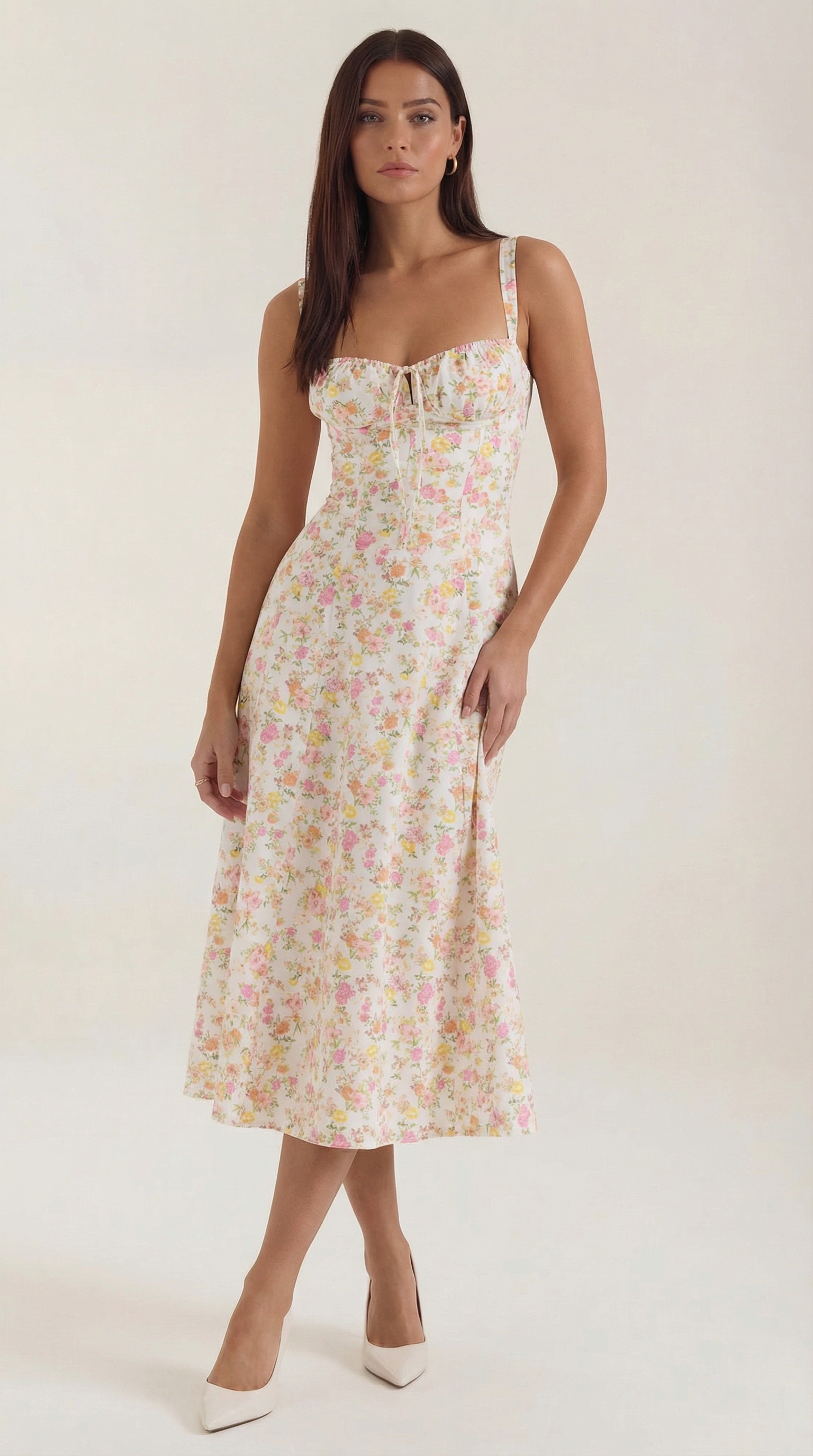 Abito Midi Donna Estivo Scollo a Cuore Lacci Floreale 9