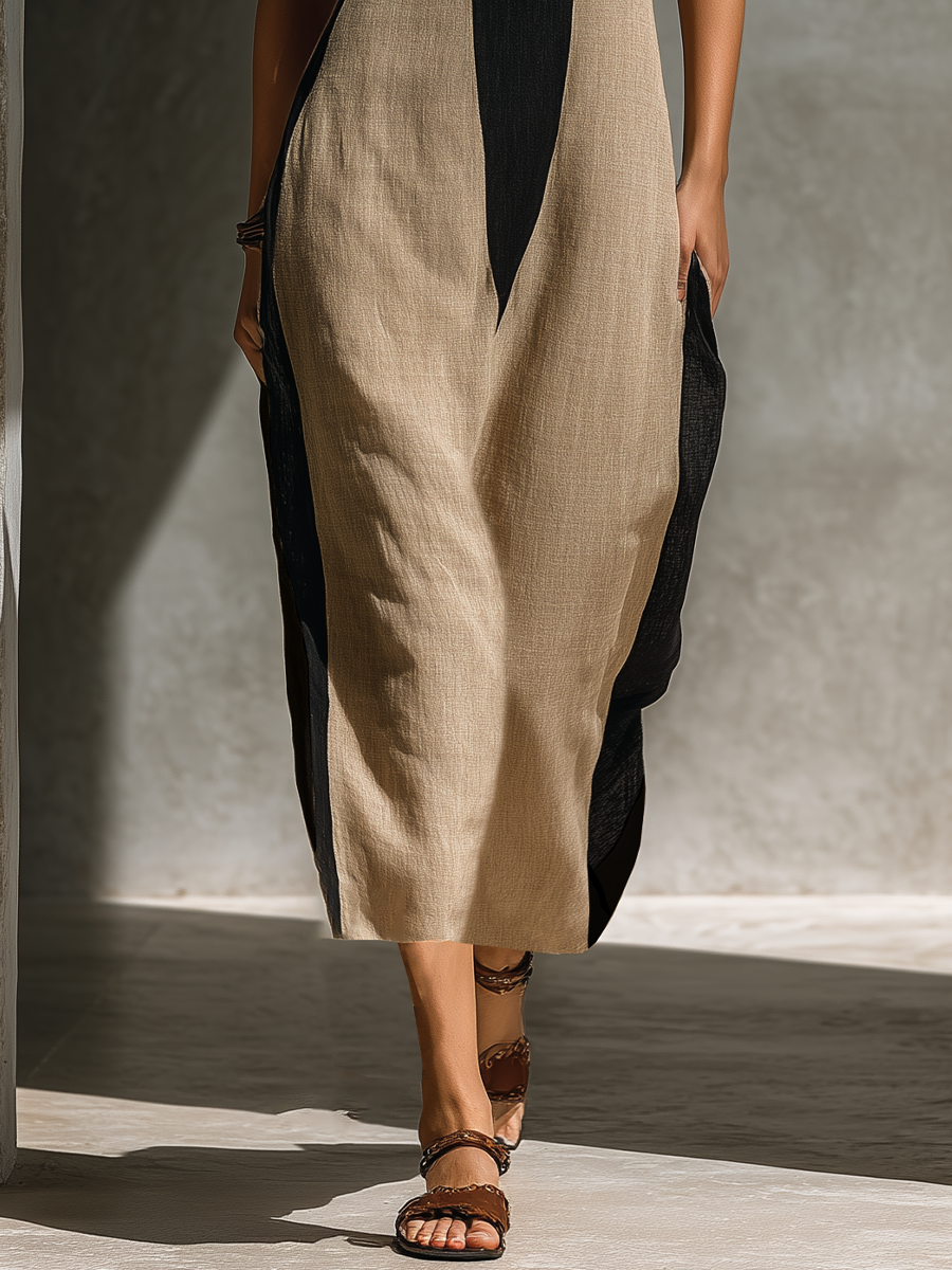 Abito Midi in Cotone Nero e Beige con Scollo a Halter e Design a Blocchi di Colore 3