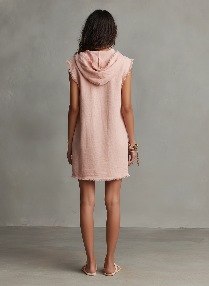 Abito Mini Minimalista in Mistura di Lino per Donna — Con Cappuccio, Senza Maniche, Orlo Grezzo 2