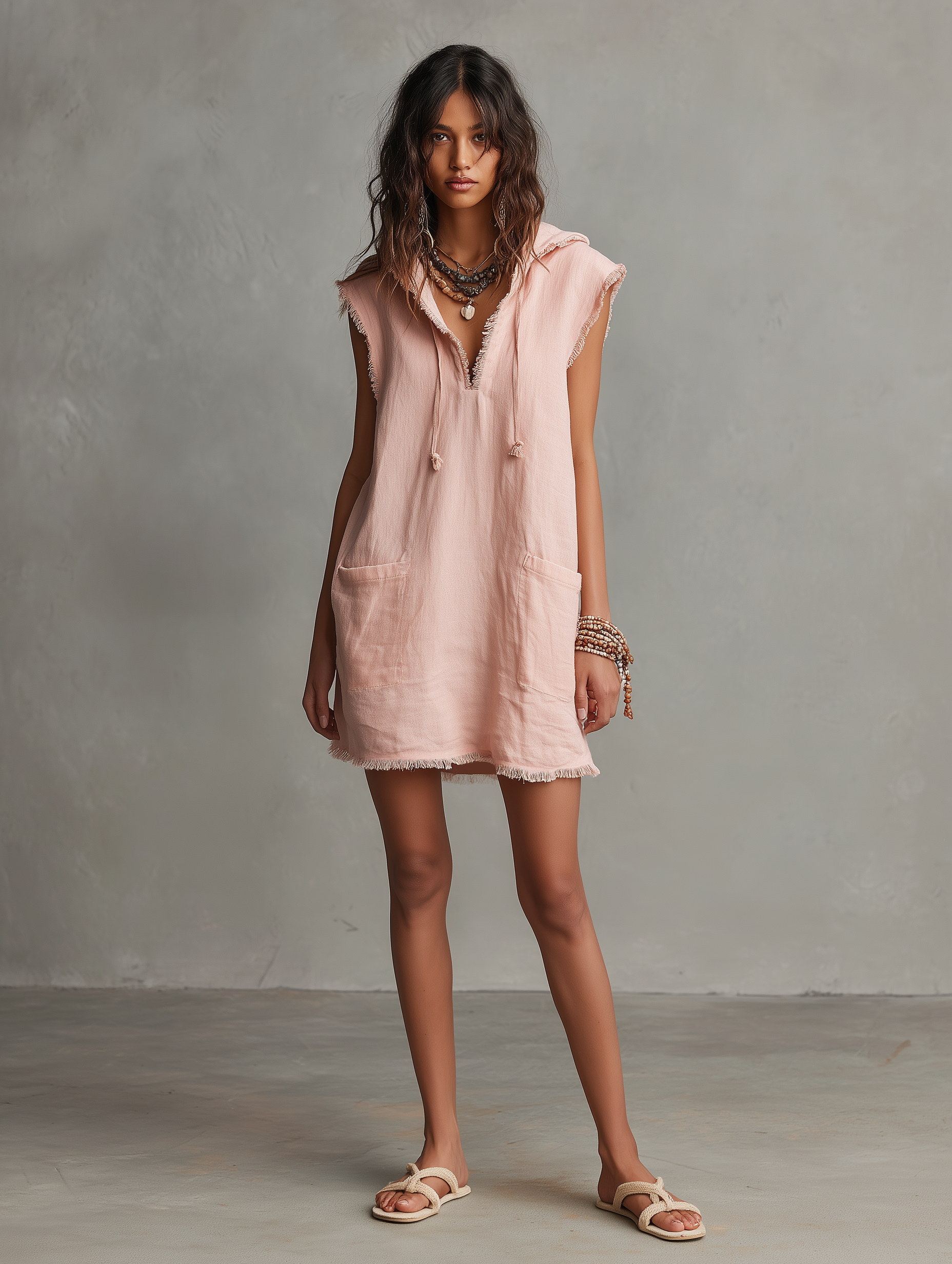 Abito Mini Minimalista in Mistura di Lino per Donna — Con Cappuccio, Senza Maniche, Orlo Grezzo 5