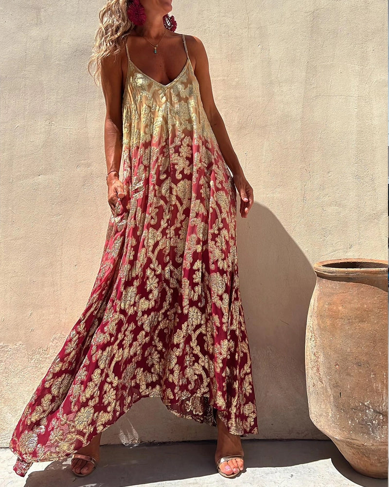 Abito Maxi Donna | Stampa Baroque Dorata & Spalline a Spaghetti