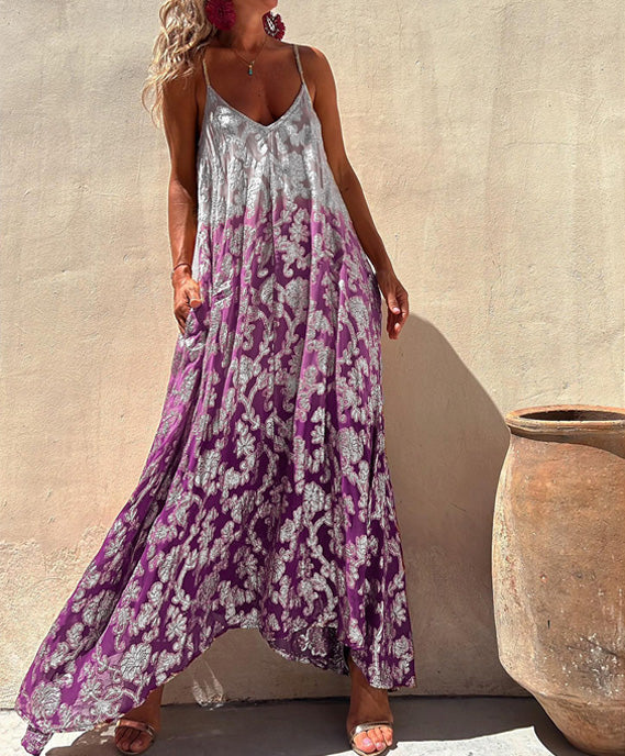 Abito Maxi Donna | Stampa Baroque Dorata & Spalline a Spaghetti