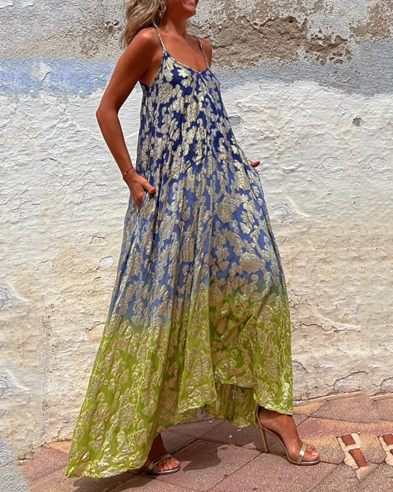 Abito Maxi Donna | Stampa Baroque Dorata & Spalline a Spaghetti