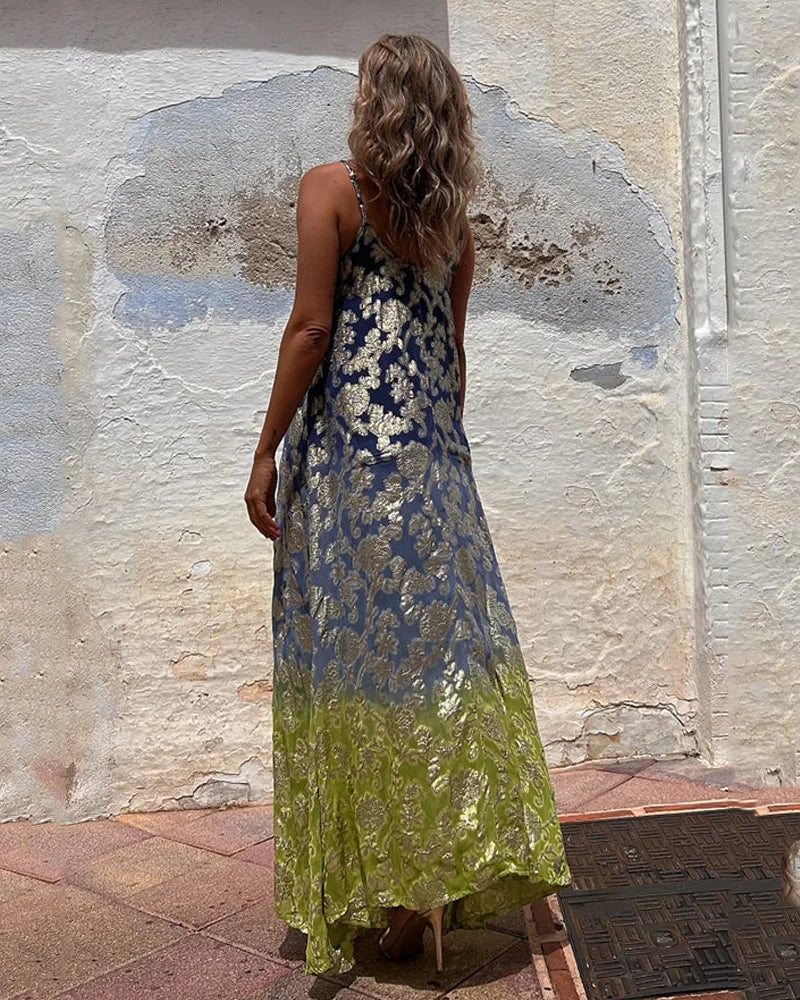 Abito Maxi Donna | Stampa Baroque Dorata & Spalline a Spaghetti