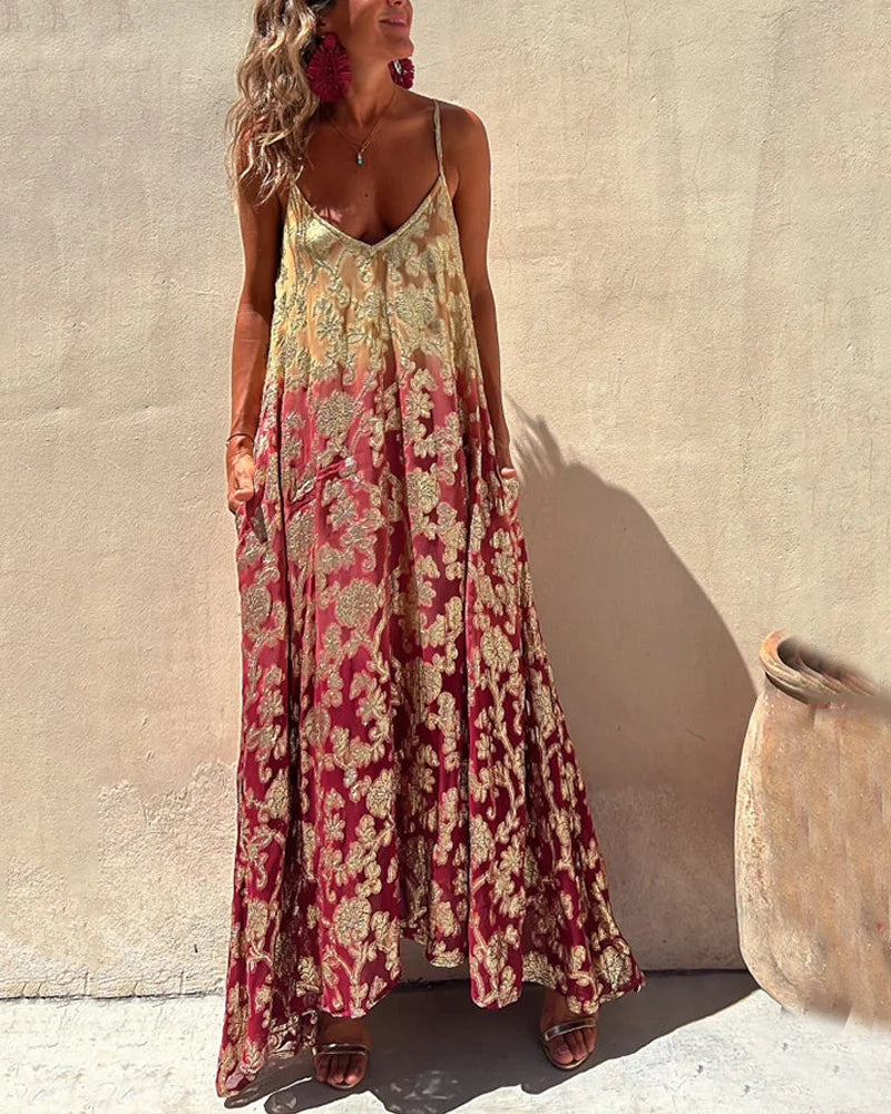 Abito Maxi Donna | Stampa Baroque Dorata & Spalline a Spaghetti
