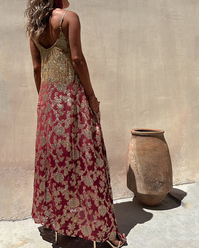 Abito Maxi Donna | Stampa Baroque Dorata & Spalline a Spaghetti