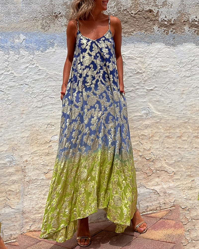 Abito Maxi Donna | Stampa Baroque Dorata & Spalline a Spaghetti