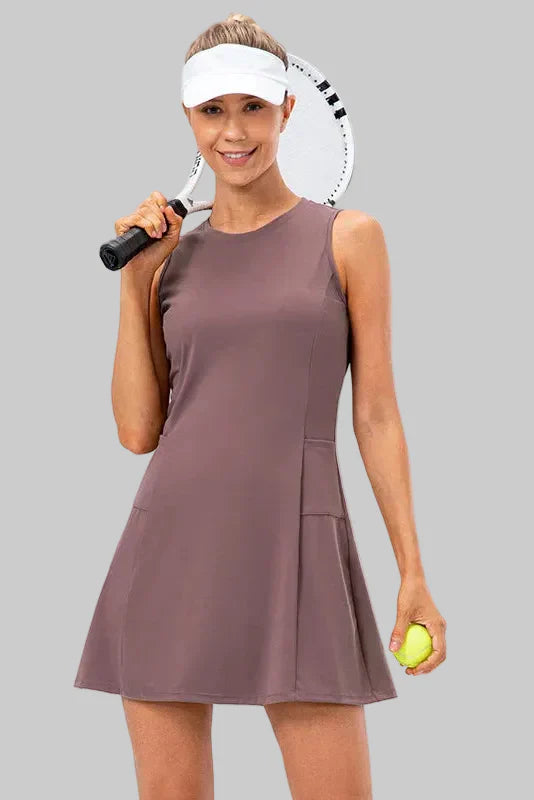 Abito da Tennis Senza Maniche da Donna con Shorts Integrati e Tasche 4