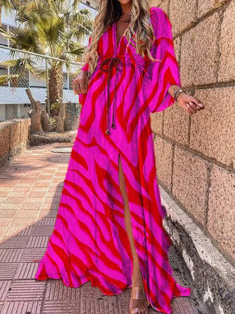 Abito lungo da donna con stampa grafica colorata, scollo a V e maniche lunghe 2