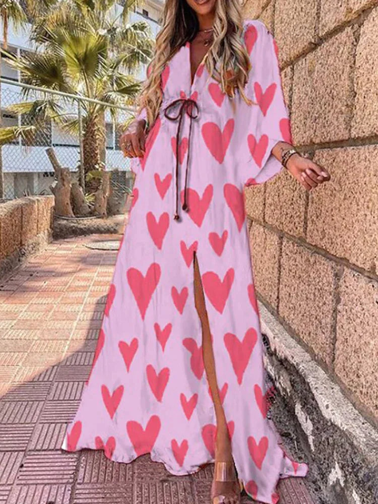 Abito lungo da donna con stampa grafica colorata, scollo a V e maniche lunghe 4