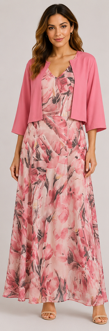 Abito lungo elegante da donna per occasioni speciali - Abito floreale con cardigan corto abbinato 0