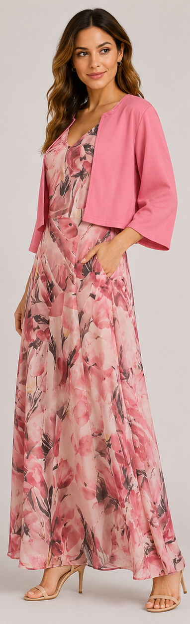 Abito lungo elegante da donna per occasioni speciali - Abito floreale con cardigan corto abbinato 2