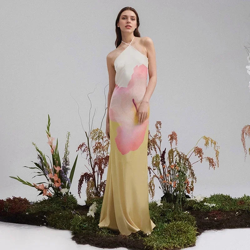Abito lungo moderno alla moda con una spalla e motivo floreale per donna 1