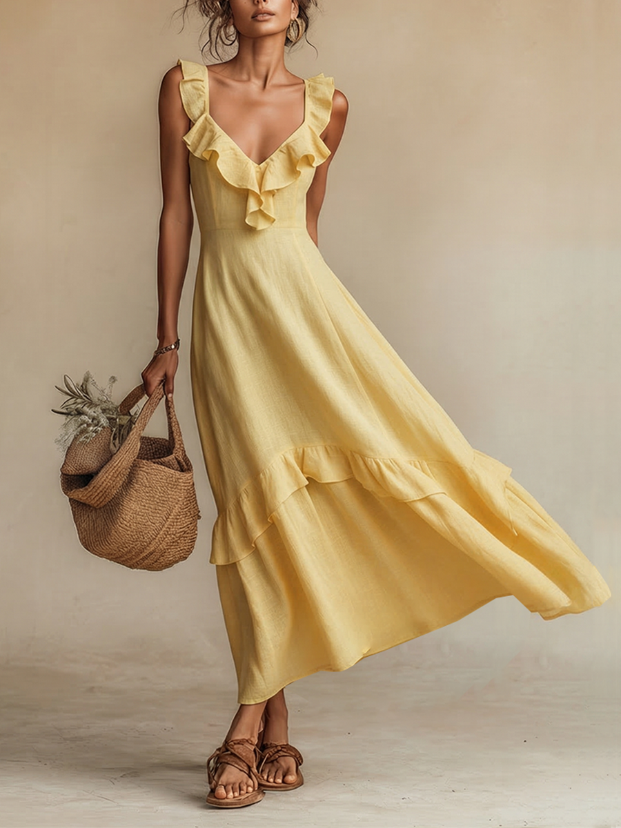 Abito maxi in lino giallo da donna con scollo a V e volant - Boho ed estivo 0
