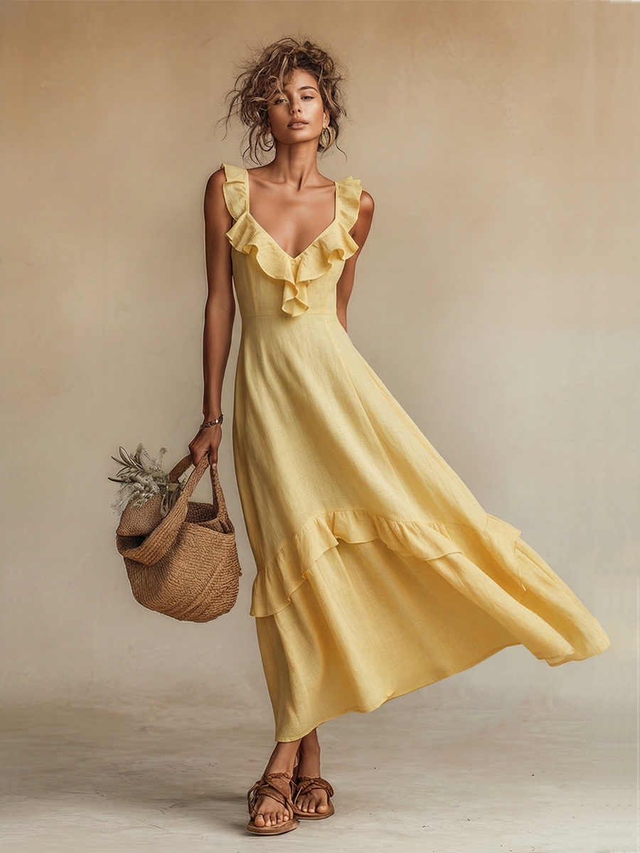 Abito maxi in lino giallo da donna con scollo a V e volant - Boho ed estivo 1