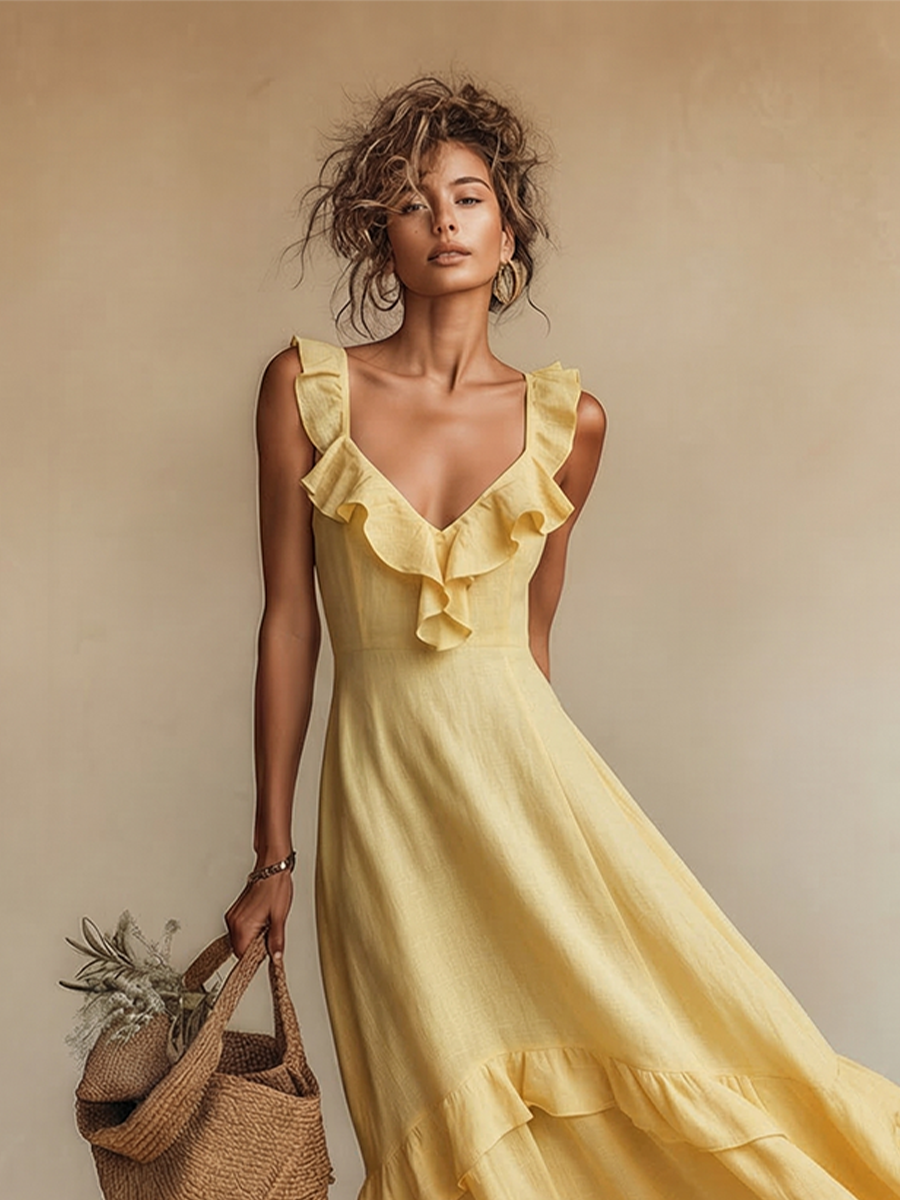 Abito maxi in lino giallo da donna con scollo a V e volant - Boho ed estivo 2