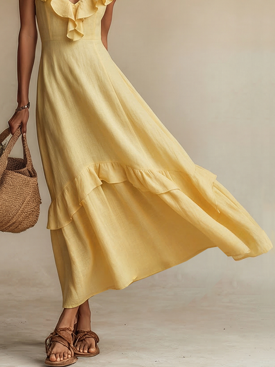 Abito maxi in lino giallo da donna con scollo a V e volant - Boho ed estivo 3