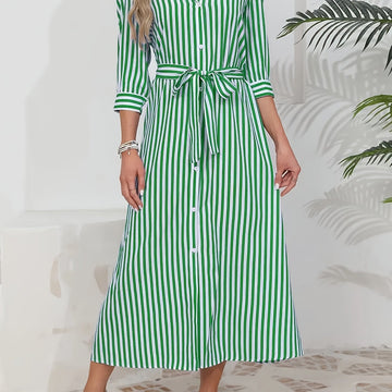 Abito midi chemisier da donna a righe con cintura - Chic e casual 0