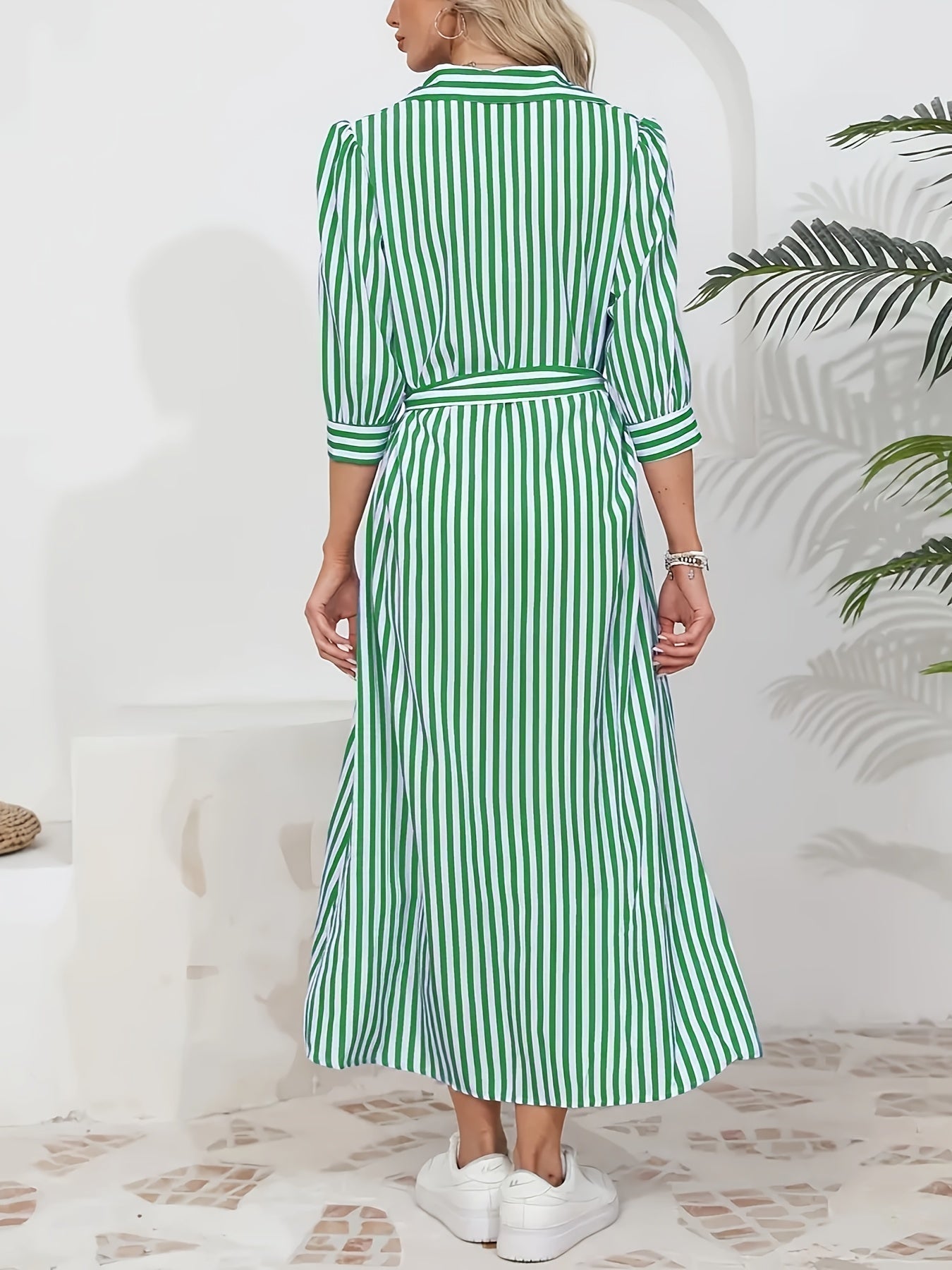 Abito midi chemisier da donna a righe con cintura - Chic e casual 2