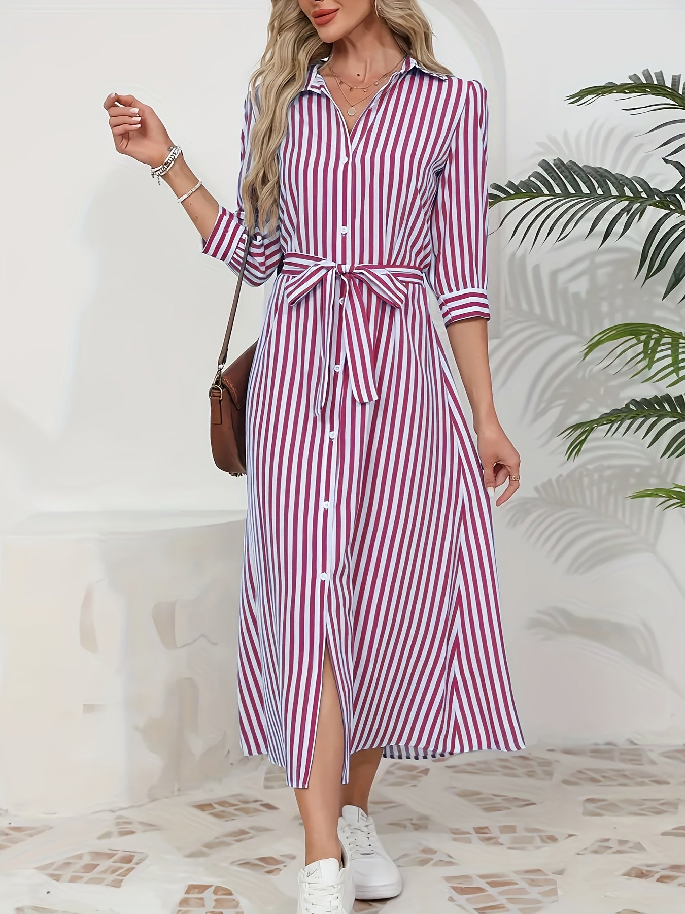 Abito midi chemisier da donna a righe con cintura - Chic e casual 5