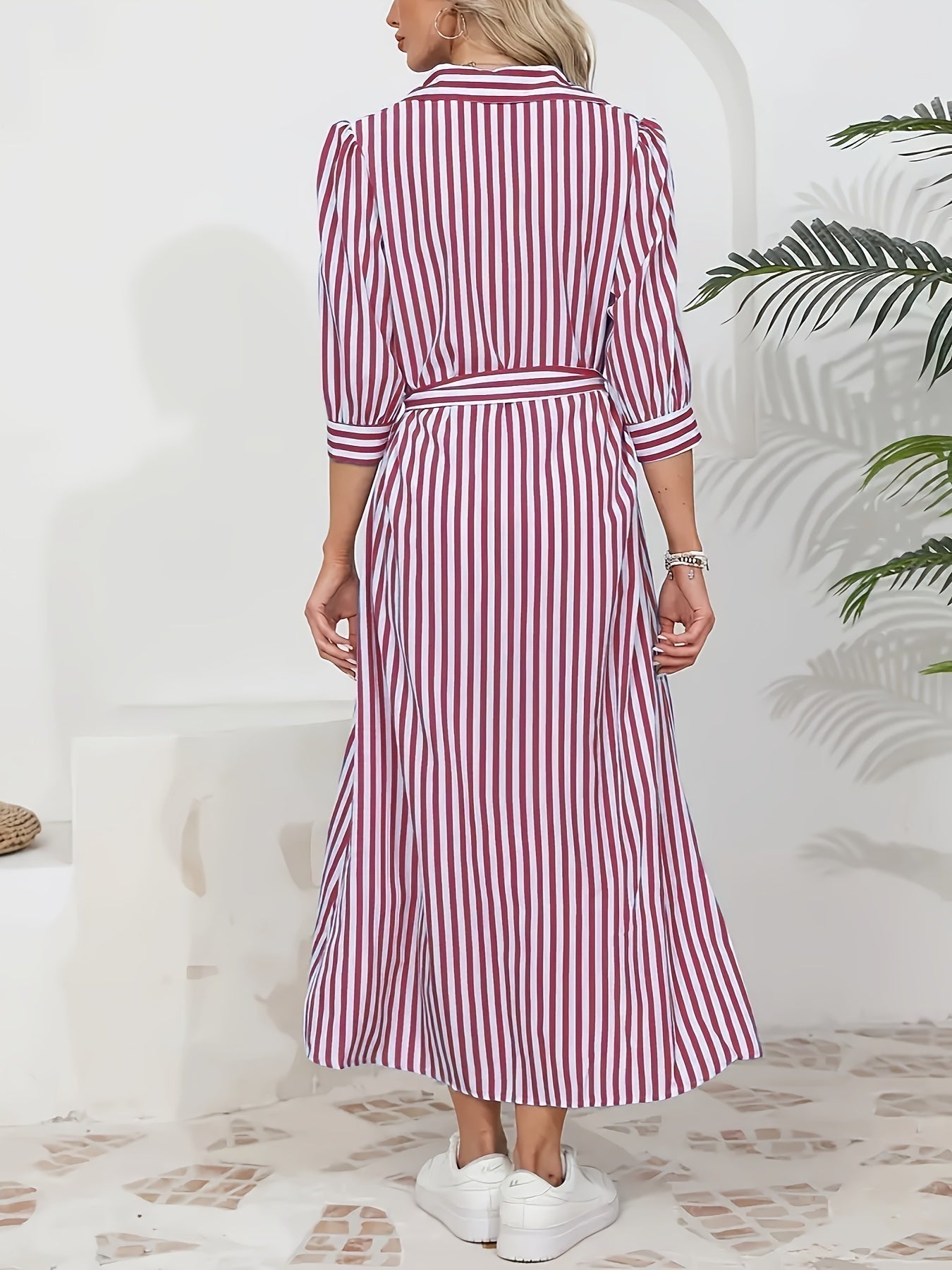 Abito midi chemisier da donna a righe con cintura - Chic e casual 6